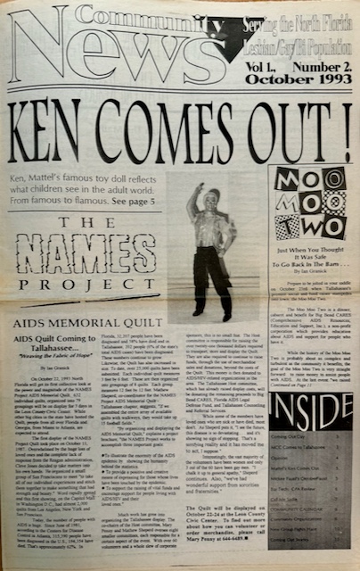 Front page of second issue of Community News from October 1993. Include image of a Ken doll looking fabulous.